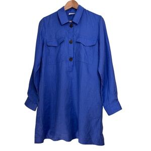 J Jill Love Linen Popover Shirt Dress Size Medium Blue Long Sleeve Pockets